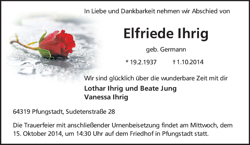  Traueranzeige für Elfriede Ihrig vom 11.10.2014 aus Echo-Zeitungen (Gesamtausgabe)