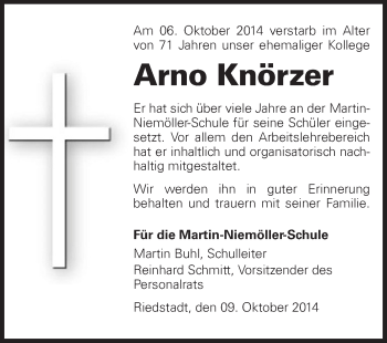 Traueranzeige von Arno Knörzer von Rüsselsheimer Echo, Groß-Gerauer-Echo, Ried Echo