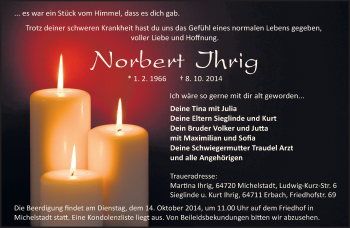 Traueranzeige von Norbert Ihrig von Odenwälder Echo