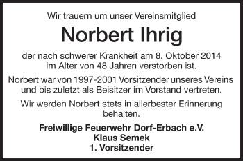 Traueranzeige von Norbert Ihrig von Odenwälder Echo