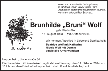 Traueranzeige von Brunhilde Wolf von Starkenburger Echo