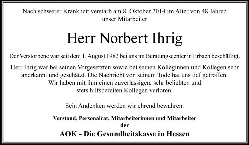  Traueranzeige für Norbert Ihrig vom 11.10.2014 aus Odenwälder Echo