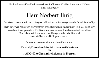 Traueranzeige von Norbert Ihrig von Odenwälder Echo