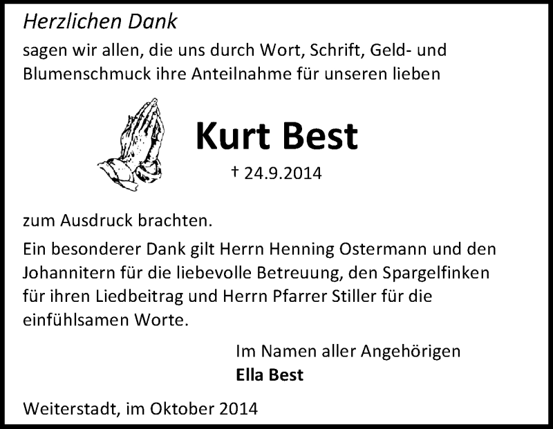  Traueranzeige für Kurt Best vom 11.10.2014 aus Echo-Zeitungen (Gesamtausgabe)