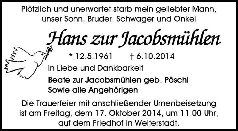 Traueranzeige für Hans zur Jacobsmühlen vom 11.10.2014 aus Echo-Zeitungen (Gesamtausgabe)