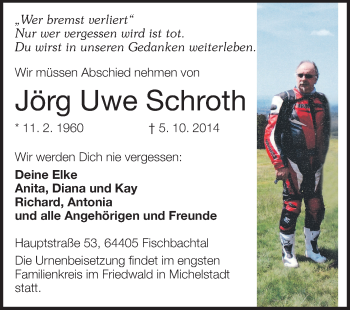 Traueranzeige von Jörg Uwe Schroth von Echo-Zeitungen (Gesamtausgabe)