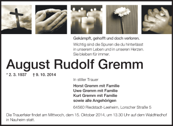 Traueranzeige von August Rudolf Gremm von Rüsselsheimer Echo, Groß-Gerauer-Echo, Ried Echo