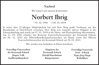 Traueranzeige von Norbert Ihrig von Odenwälder Echo