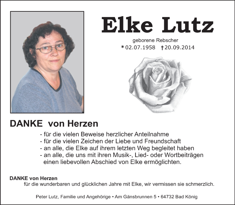  Traueranzeige für Elke Lutz vom 11.10.2014 aus Odenwälder Echo