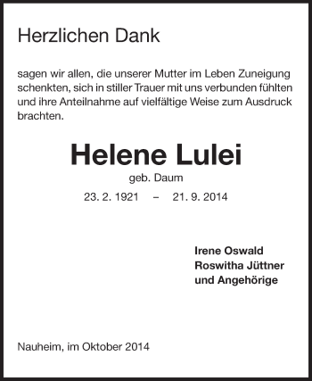 Traueranzeige von Helene Lulei von Rüsselsheimer Echo, Groß-Gerauer-Echo, Ried Echo