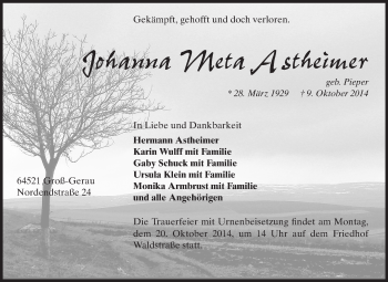 Traueranzeige von Johanna Meta Astheimer von Echo-Zeitungen (Gesamtausgabe)