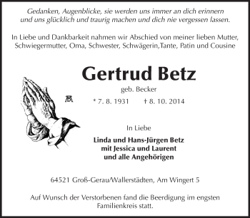 Traueranzeige von Gertrud Betz von Rüsselsheimer Echo, Groß-Gerauer-Echo, Ried Echo