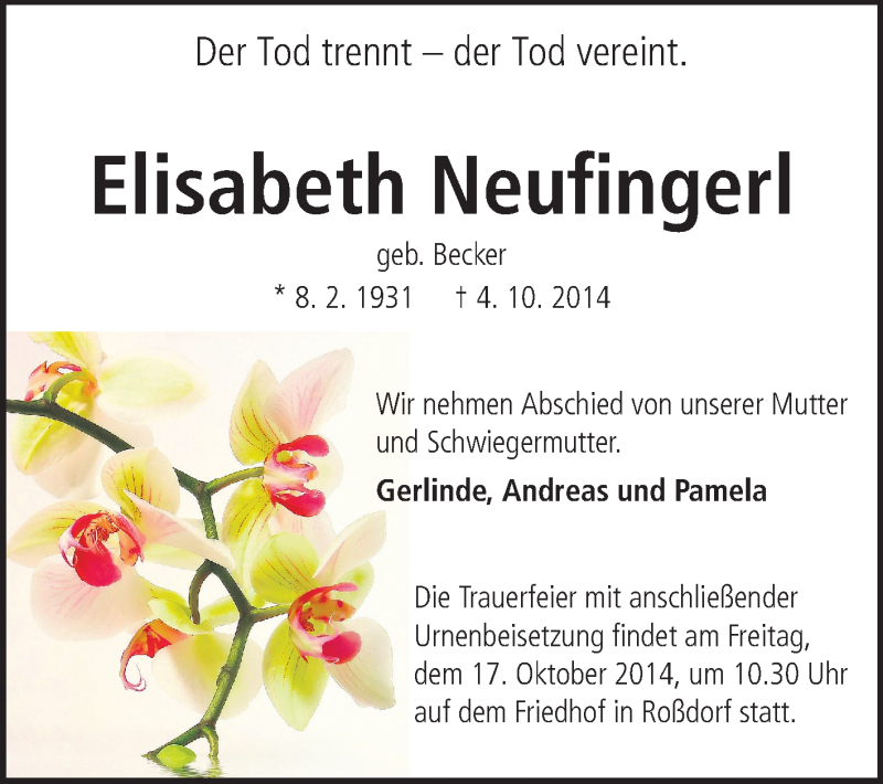  Traueranzeige für Elisabeth Neufingerl vom 15.10.2014 aus Echo-Zeitungen (Gesamtausgabe)