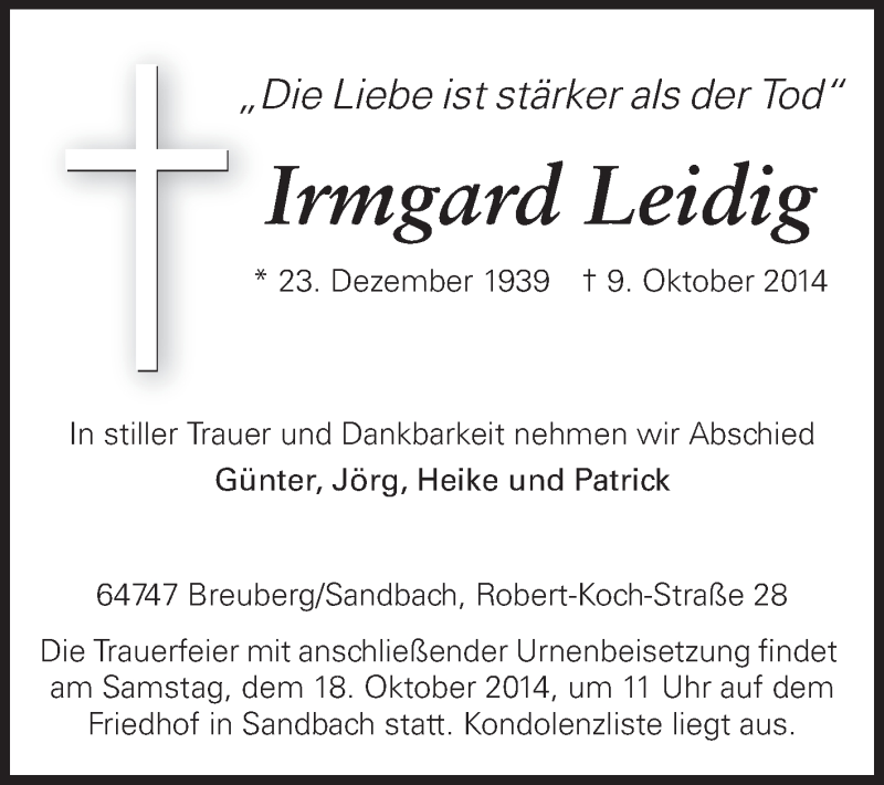 Traueranzeige für Irmgard Leidig vom 15.10.2014 aus Odenwälder Echo