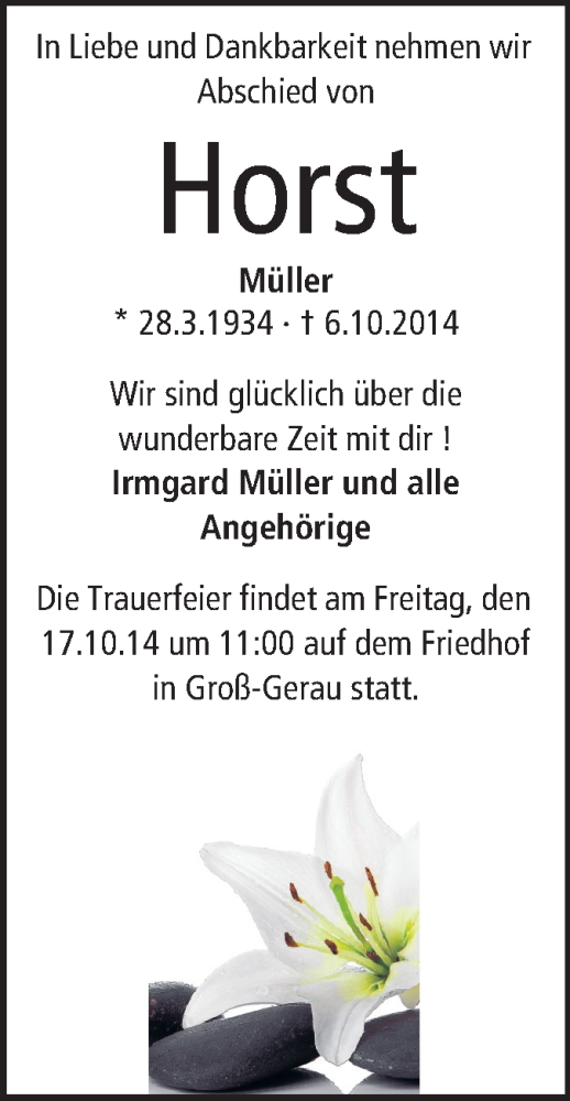  Traueranzeige für Horst Müller vom 14.10.2014 aus Rüsselsheimer Echo, Groß-Gerauer-Echo, Ried Echo