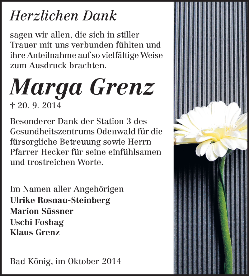  Traueranzeige für Marga Grenz vom 15.10.2014 aus Odenwälder Echo