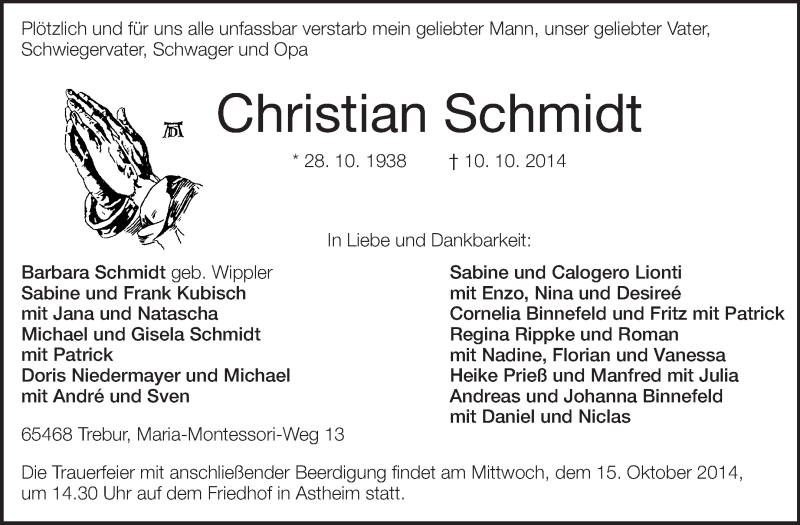  Traueranzeige für Christian Schmidt vom 14.10.2014 aus Rüsselsheimer Echo, Groß-Gerauer-Echo, Ried Echo