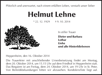 Traueranzeige von Helmut Lehne von Starkenburger Echo