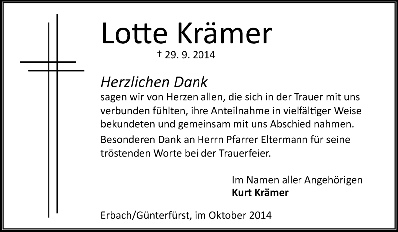  Traueranzeige für Lotte Krämer vom 17.10.2014 aus Odenwälder Echo