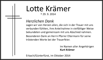 Traueranzeige von Lotte Krämer von Odenwälder Echo