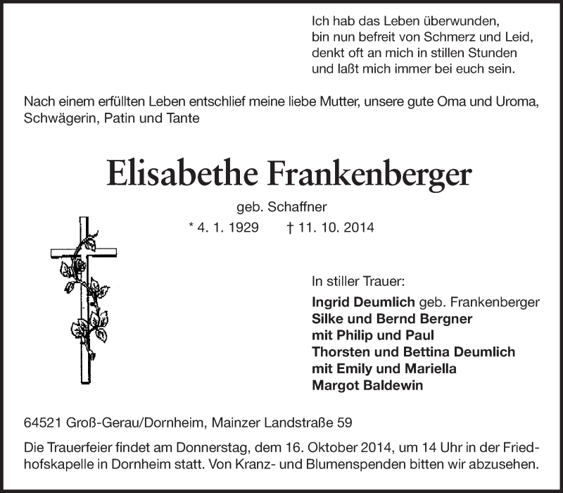  Traueranzeige für Elisabethe Frankenberger vom 14.10.2014 aus Rüsselsheimer Echo, Groß-Gerauer-Echo, Ried Echo