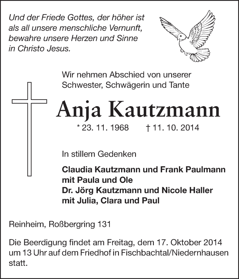  Traueranzeige für Anja Kautzmann vom 14.10.2014 aus Echo-Zeitungen (Gesamtausgabe)
