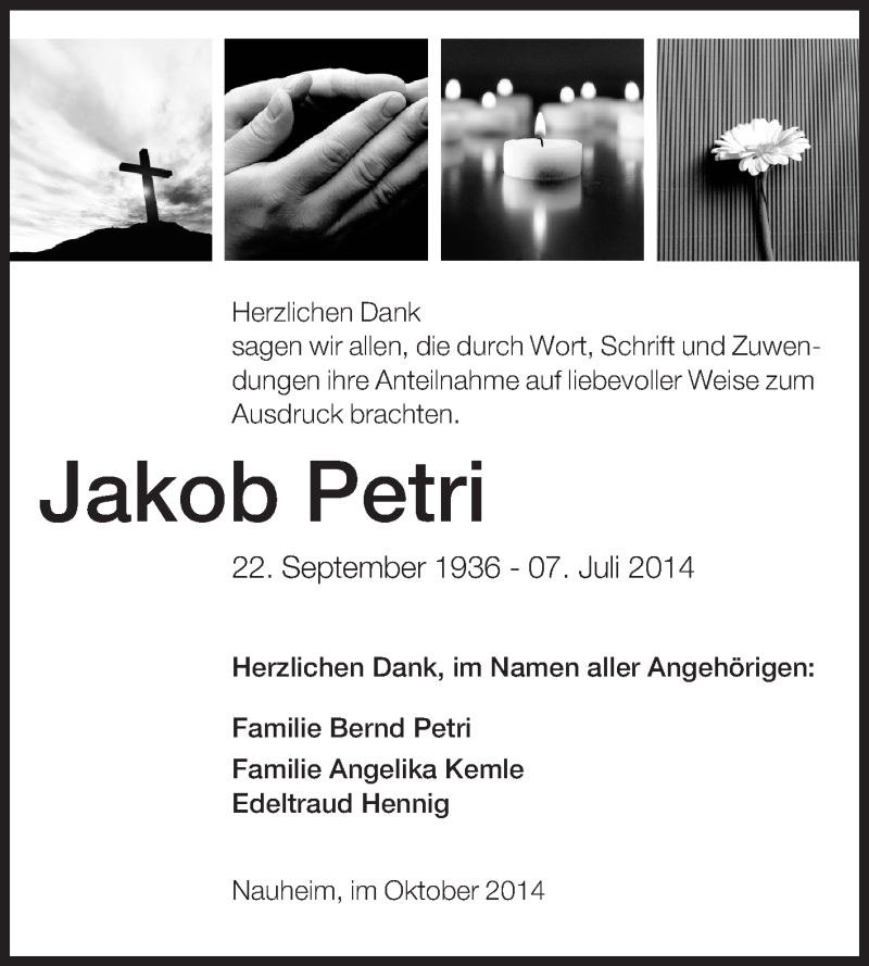 Traueranzeige für Jakob Petri vom 16.10.2014 aus Rüsselsheimer Echo, Groß-Gerauer-Echo, Ried Echo