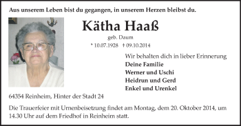 Traueranzeige von Kätha Haaß von Darmstädter Echo, Odenwälder Echo, Rüsselsheimer Echo, Groß-Gerauer-Echo, Ried Echo