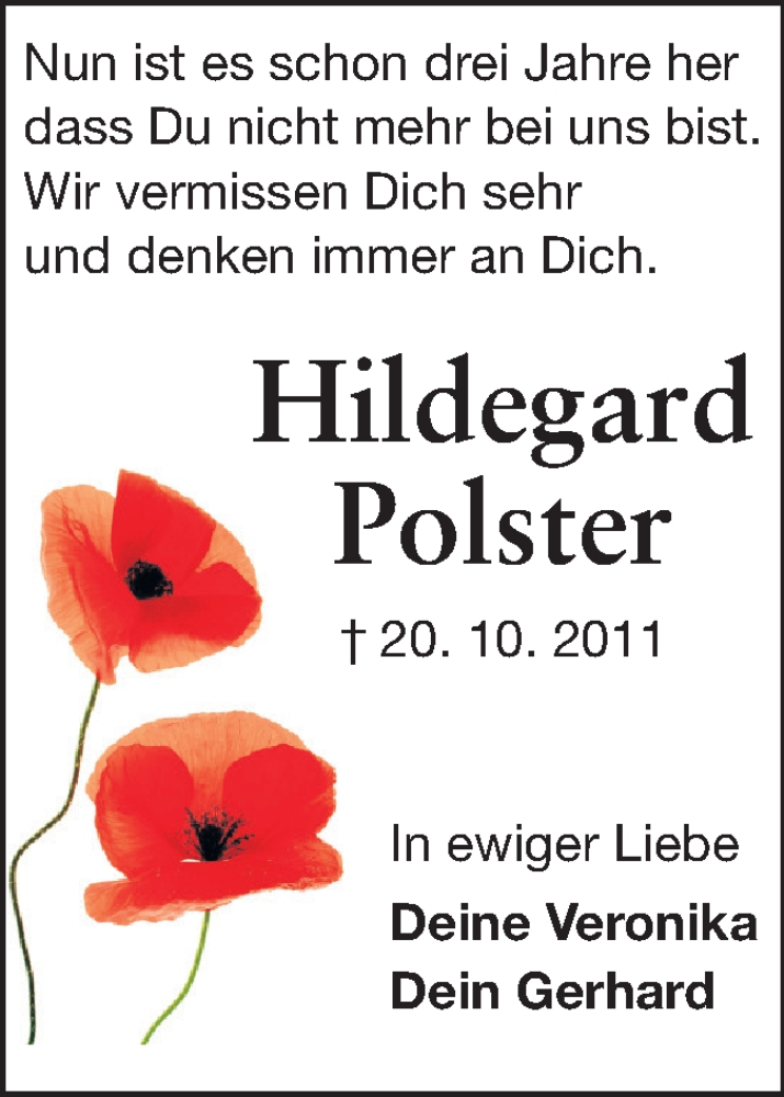  Traueranzeige für Hildegard Polster vom 20.10.2014 aus Echo-Zeitungen (Gesamtausgabe)