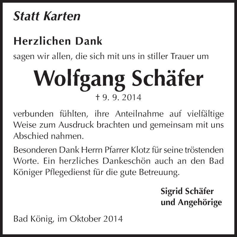  Traueranzeige für Wolfgang Schäfer vom 18.10.2014 aus Odenwälder Echo