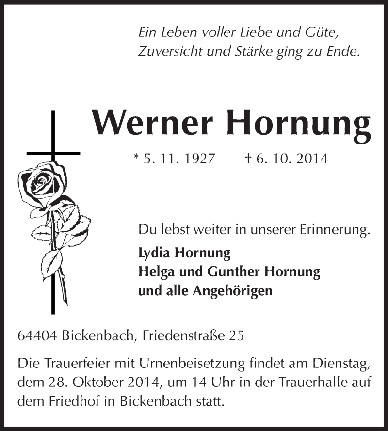  Traueranzeige für Werner Hornung vom 22.10.2014 aus Echo-Zeitungen (Gesamtausgabe)