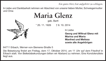 Traueranzeige von Maria Glenz von Odenwälder Echo