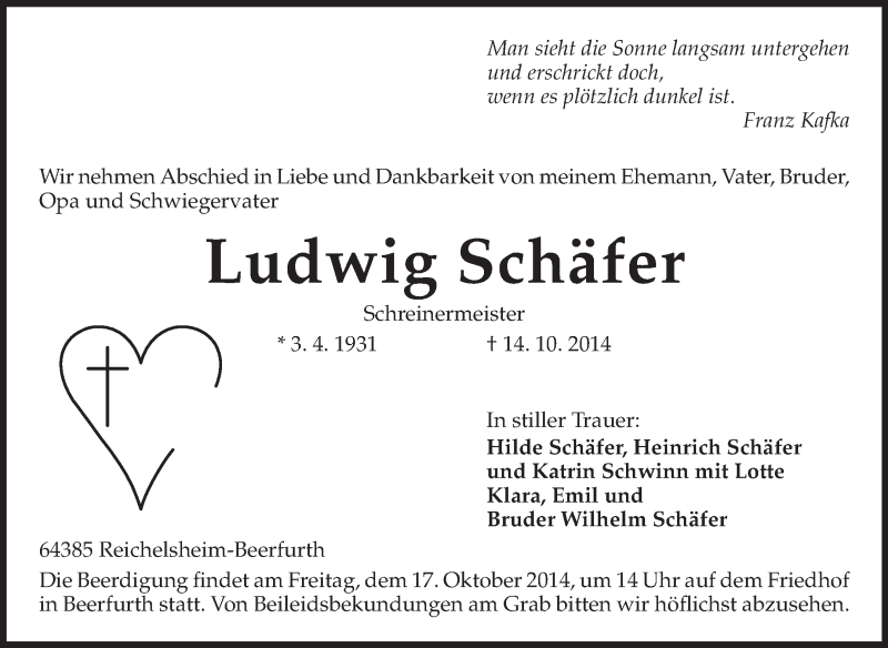  Traueranzeige für Ludwig Schäfer vom 15.10.2014 aus Odenwälder Echo