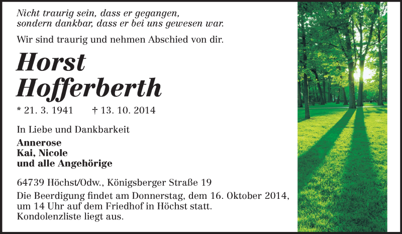  Traueranzeige für Horst Hofferberth vom 15.10.2014 aus Odenwälder Echo