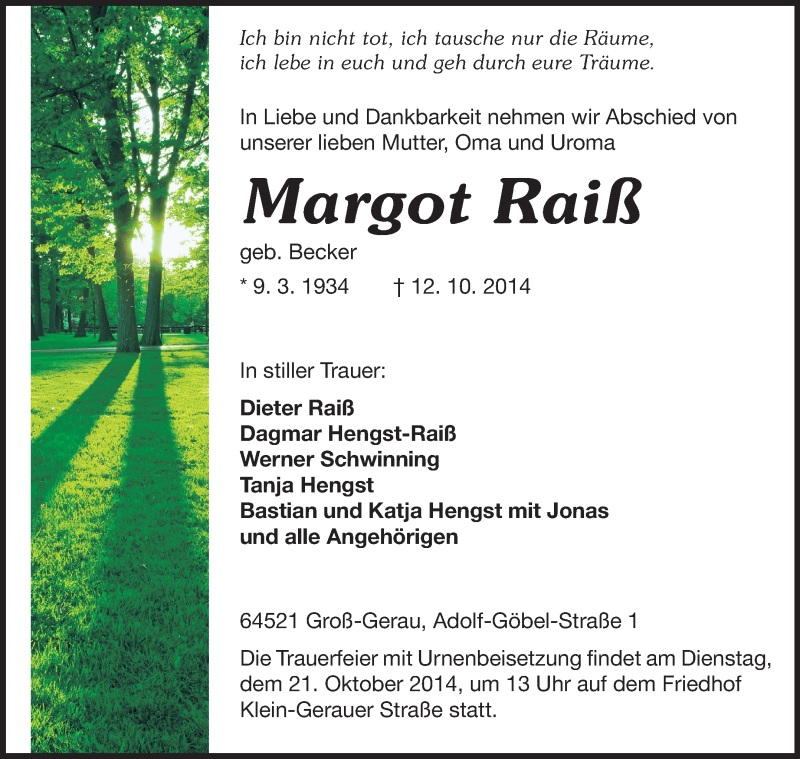  Traueranzeige für Margot Raiß vom 18.10.2014 aus Rüsselsheimer Echo, Groß-Gerauer-Echo, Ried Echo