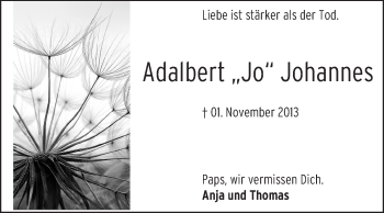 Traueranzeige von Adalbert Johannes von Echo-Zeitungen (Gesamtausgabe)