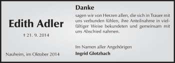 Traueranzeige von Edith Adler von Rüsselsheimer Echo, Groß-Gerauer-Echo, Ried Echo