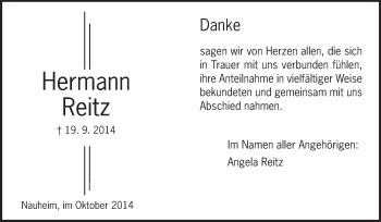 Traueranzeige von Hermann Reitz von Rüsselsheimer Echo, Groß-Gerauer-Echo, Ried Echo