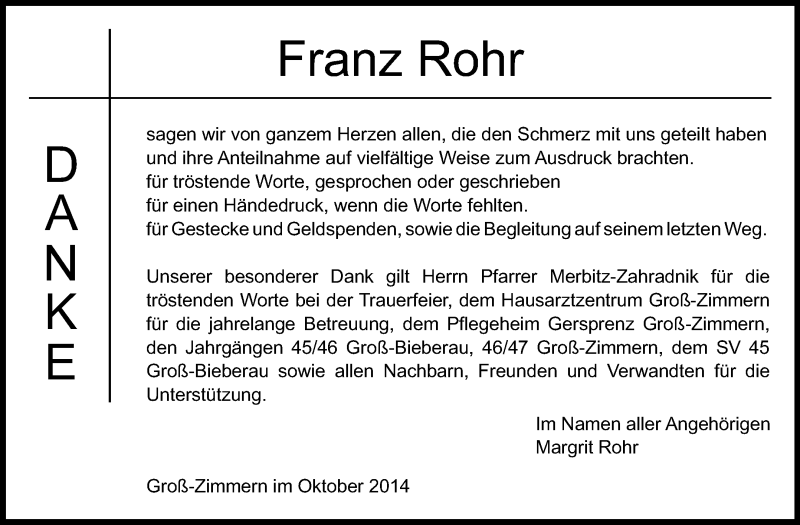  Traueranzeige für Franz Rohr vom 18.10.2014 aus Echo-Zeitungen (Gesamtausgabe)