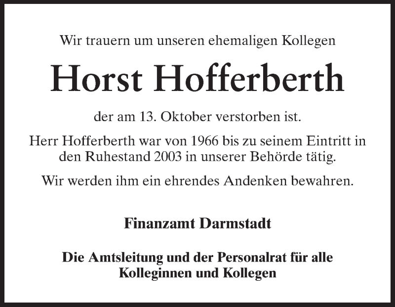  Traueranzeige für Horst Hofferberth vom 16.10.2014 aus Odenwälder Echo
