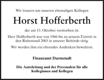 Traueranzeige von Horst Hofferberth von Odenwälder Echo