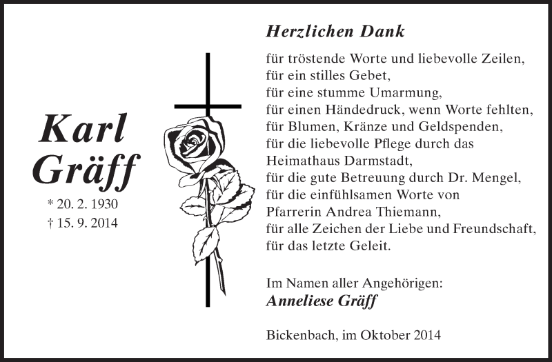  Traueranzeige für Karl Gräff vom 18.10.2014 aus Echo-Zeitungen (Gesamtausgabe)