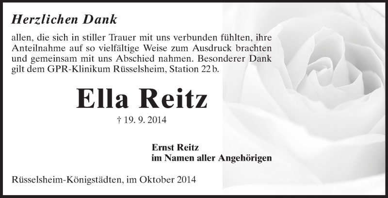  Traueranzeige für Ella Reitz vom 18.10.2014 aus Rüsselsheimer Echo, Groß-Gerauer-Echo, Ried Echo