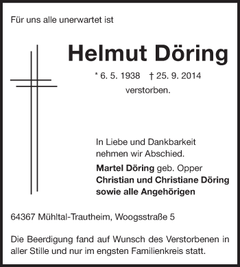 Traueranzeige von Helmut Döring von Echo-Zeitungen (Gesamtausgabe)