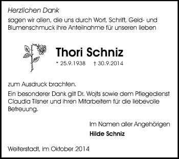 Traueranzeige von Thori Schniz von Echo-Zeitungen (Gesamtausgabe)