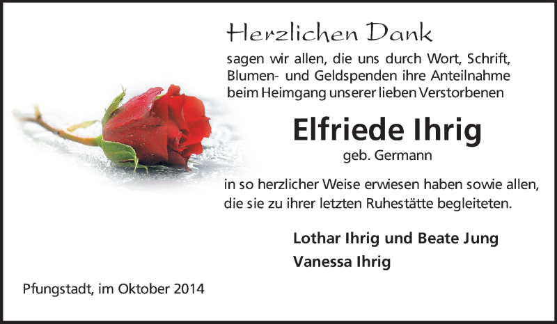  Traueranzeige für Elfriede Ihrig vom 18.10.2014 aus Echo-Zeitungen (Gesamtausgabe)