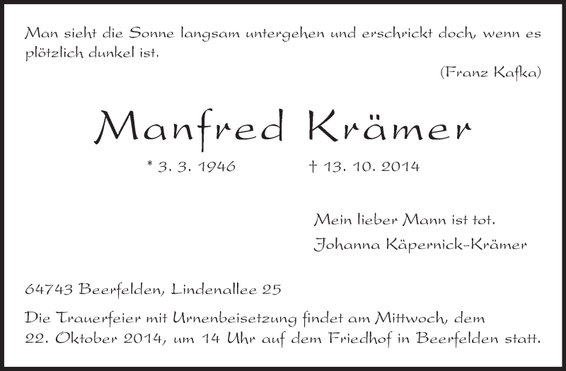  Traueranzeige für Manfred Krämer vom 18.10.2014 aus Odenwälder Echo
