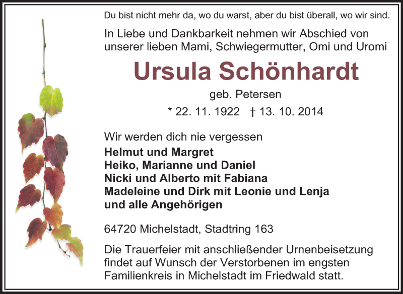  Traueranzeige für Ursula Schönhardt vom 18.10.2014 aus Odenwälder Echo