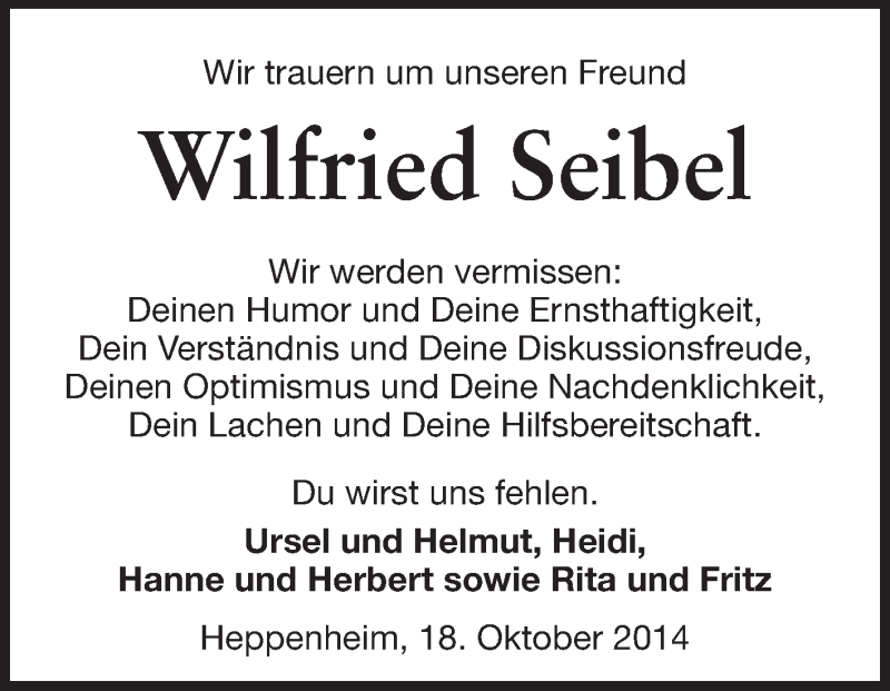  Traueranzeige für Wilfried Seibel vom 18.10.2014 aus Starkenburger Echo