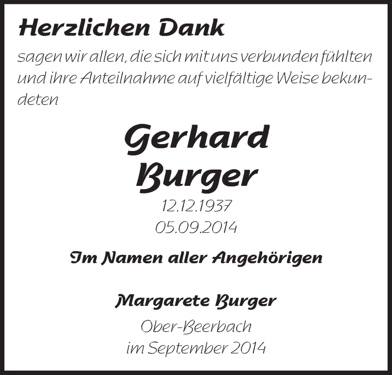  Traueranzeige für Gerhard Burger vom 25.10.2014 aus Echo-Zeitungen (Gesamtausgabe)